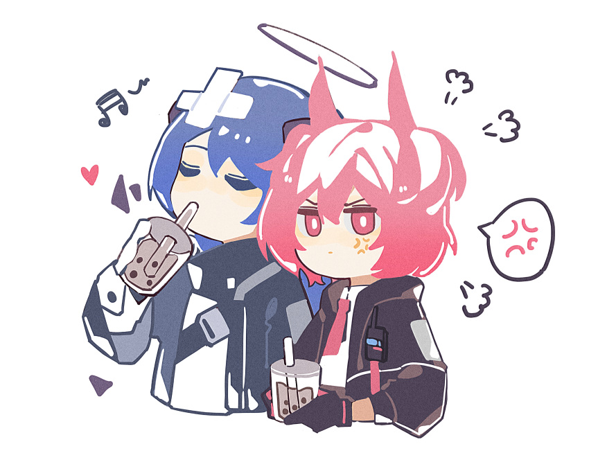 2girls =3 absurdres anger_vein arknights bandaid bandaid_on_head beamed_thirty-second_notes black_gloves black_jacket blue_hair bubble_tea closed_eyes crossed_bandaids cup detached_wings disposable_cup drinking energy_wings fiammetta_(arknights) gloves hair_between_eyes haobuguniao heart highres holding holding_cup jacket mostima_(arknights) multiple_girls musical_note necktie open_clothes open_jacket pink_hair red_eyes red_necktie shirt simple_background speech_bubble spoken_anger_vein v-shaped_eyebrows walkie-talkie white_background white_gloves white_shirt wings