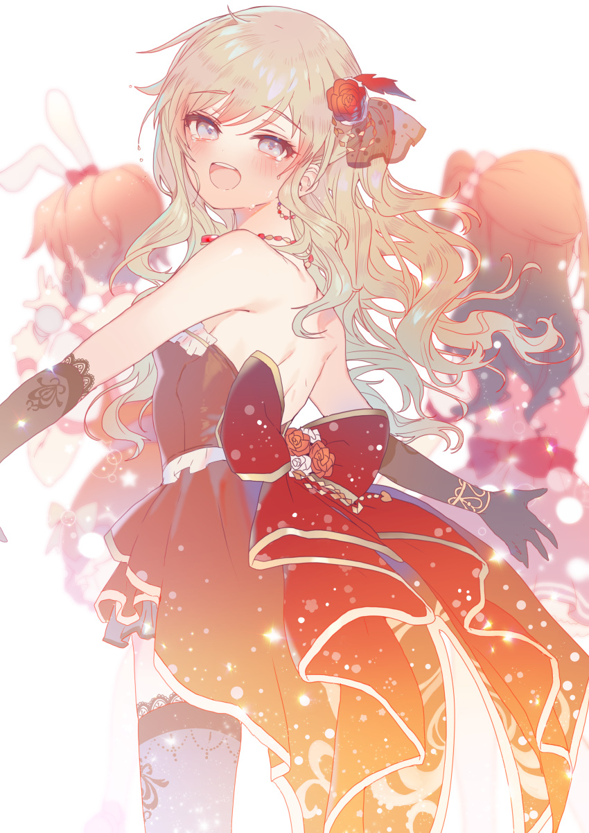 3girls :d abe_nana absurdres back_bow black_gloves black_legwear blonde_hair blurry blush bow dress elbow_gloves floating_hair flower from_behind gloves hair_flower hair_ornament highres idol idolmaster idolmaster_cinderella_girls idolmaster_cinderella_girls_starlight_stage lace-trimmed_gloves lace-trimmed_legwear lace_trim light_particles looking_at_viewer looking_back multiple_girls ohtsuki_yui outstretched_arms round_teeth shimamura_uzuki simple_background smile solo_focus strapless strapless_dress teardrop teeth thigh-highs torano wavy_hair