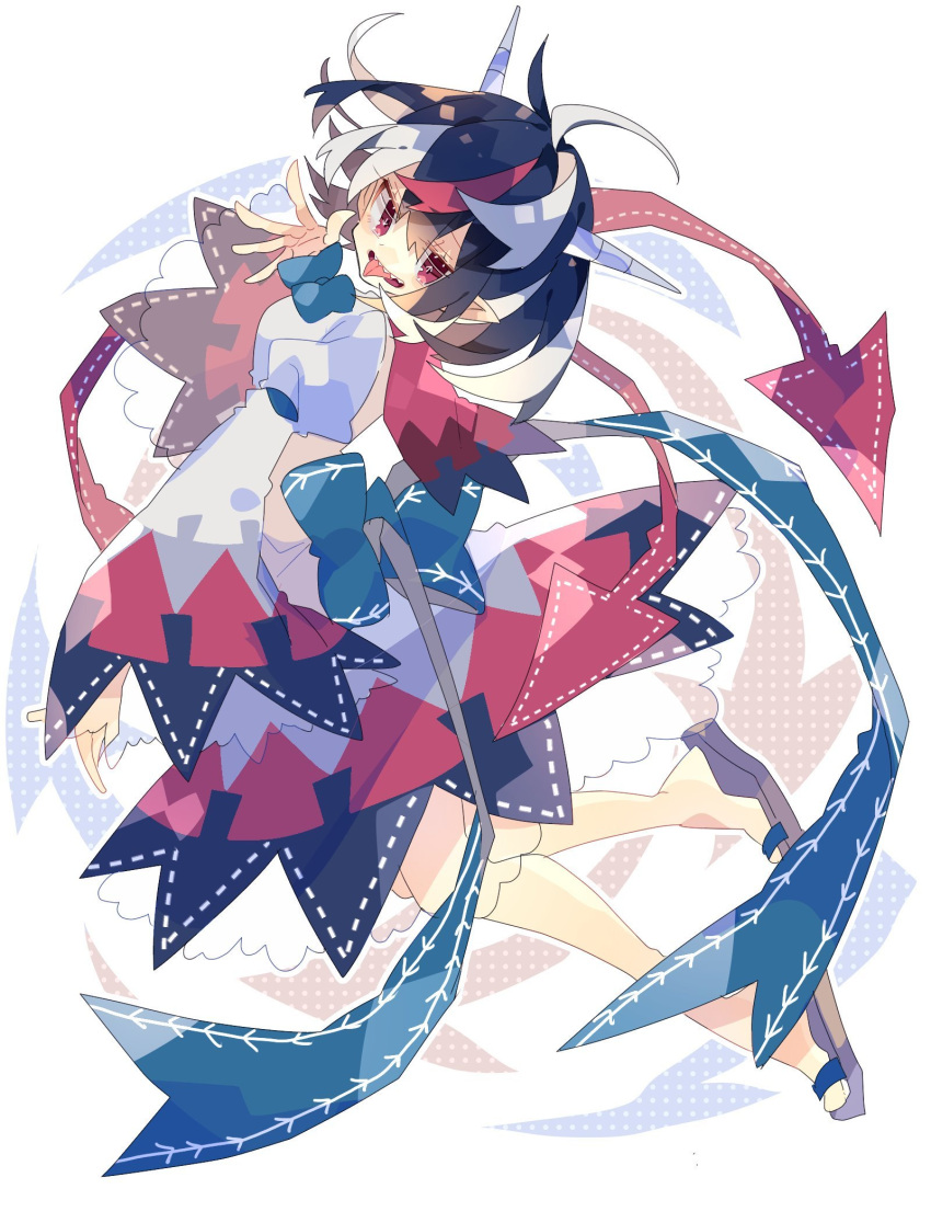 1girl arrow_(symbol) black_dress black_hair blue_bow bow capelet dress from_side full_body highres horns kijin_seija long_sleeves looking_at_viewer multicolored_clothes multicolored_dress multicolored_hair nikorashi-ka open_mouth pointy_ears puffy_long_sleeves puffy_sleeves red_capelet red_dress redhead ribbon-trimmed_bow ribbon-trimmed_dress sandals see-through sharp_teeth solo streaked_hair symbol-only_commentary teeth tongue tongue_out touhou waist_bow white_dress white_hair wide_sleeves