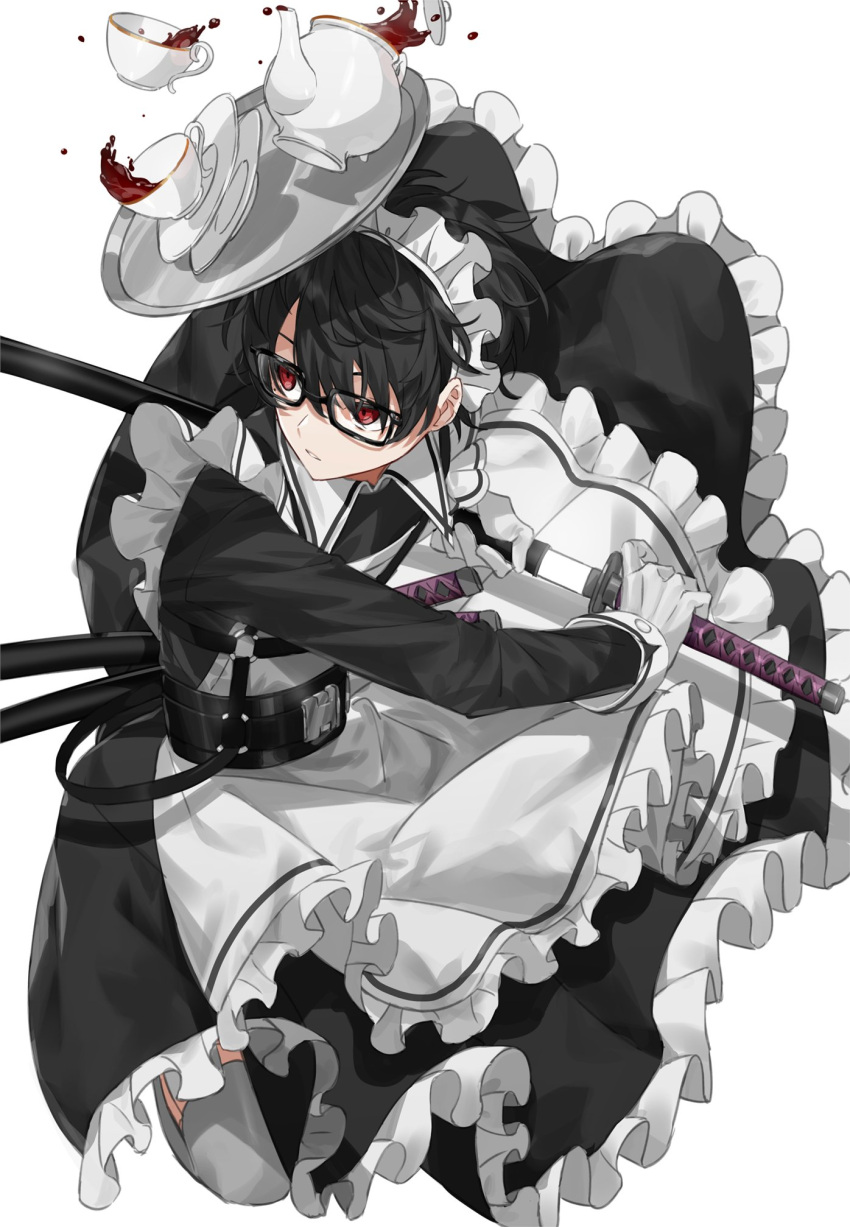 1boy akagiasami apron belt black-framed_eyewear black_belt black_dress black_hair chest_harness commentary cup dress fighting_stance frilled_apron frilled_dress frills glasses glowing glowing_sword glowing_weapon harness highres holding holding_sword holding_weapon katana long_sleeves looking_to_the_side maid_headdress male_focus original plate rectangular_eyewear red_eyes sheath sheathed sleeve_cuffs solo spill sword tea teacup teapot thigh-highs tray unsheathing weapon white_apron white_headwear white_legwear