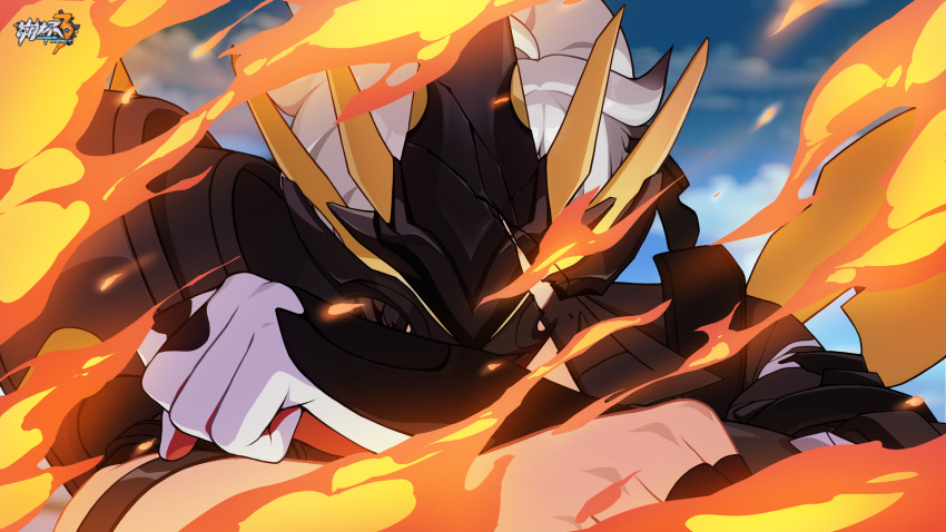1boy blue_sky broken_mask brown_gloves close-up clouds cloudy_sky fire gloves highres honkai_(series) honkai_impact_3rd kalpas_(honkai_impact) mask official_art official_wallpaper outdoors short_hair shoulder_spikes single_glove sky solo spikes standing white_hair