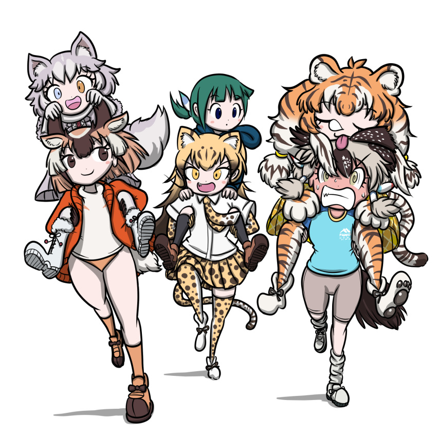 6+girls :d animal_ears animal_print aomushi_taro bangs bike_shorts blue_eyes blush blush_stickers boots borrowed_character brown_eyes brown_hair buruma carrying cheetah_(kemono_friends) cheetah_ears cheetah_print cheetah_tail clenched_teeth closed_eyes closed_mouth collared_shirt commentary_request dog_(mixed_breed)_(kemono_friends) dog_ears dog_girl dog_tail elbow_gloves extra_ears eyebrows_visible_through_hair fangs full-face_blush full_body gloves greater_roadrunner_(kemono_friends) green_eyes green_hair grey_hair gym_shirt gym_uniform head_on_head head_rest heterochromia highres horizontal_pupils horns jacket jacket_on_shoulders kemono_friends kemono_friends_2 light_brown_hair long_hair long_sleeves looking_at_another medium_hair multicolored_hair multiple_girls necktie nose_bubble open_clothes open_jacket open_mouth orange_hair piggyback ponytail print_gloves print_legwear pronghorn_(kemono_friends) running shirt shoes siberian_tiger_(kemono_friends) sidelocks simple_background sleeping sleeping_upright smile socks sportswear streaked_hair struggling sweat tail teeth thigh-highs tiger_ears tiger_girl tiger_print tiger_tail tomoe_(kemono_friends)_(niconico88059799) tongue tongue_out track_jacket twintails v-shaped_eyebrows very_long_hair white_background white_hair white_shirt yellow_eyes zettai_ryouiki