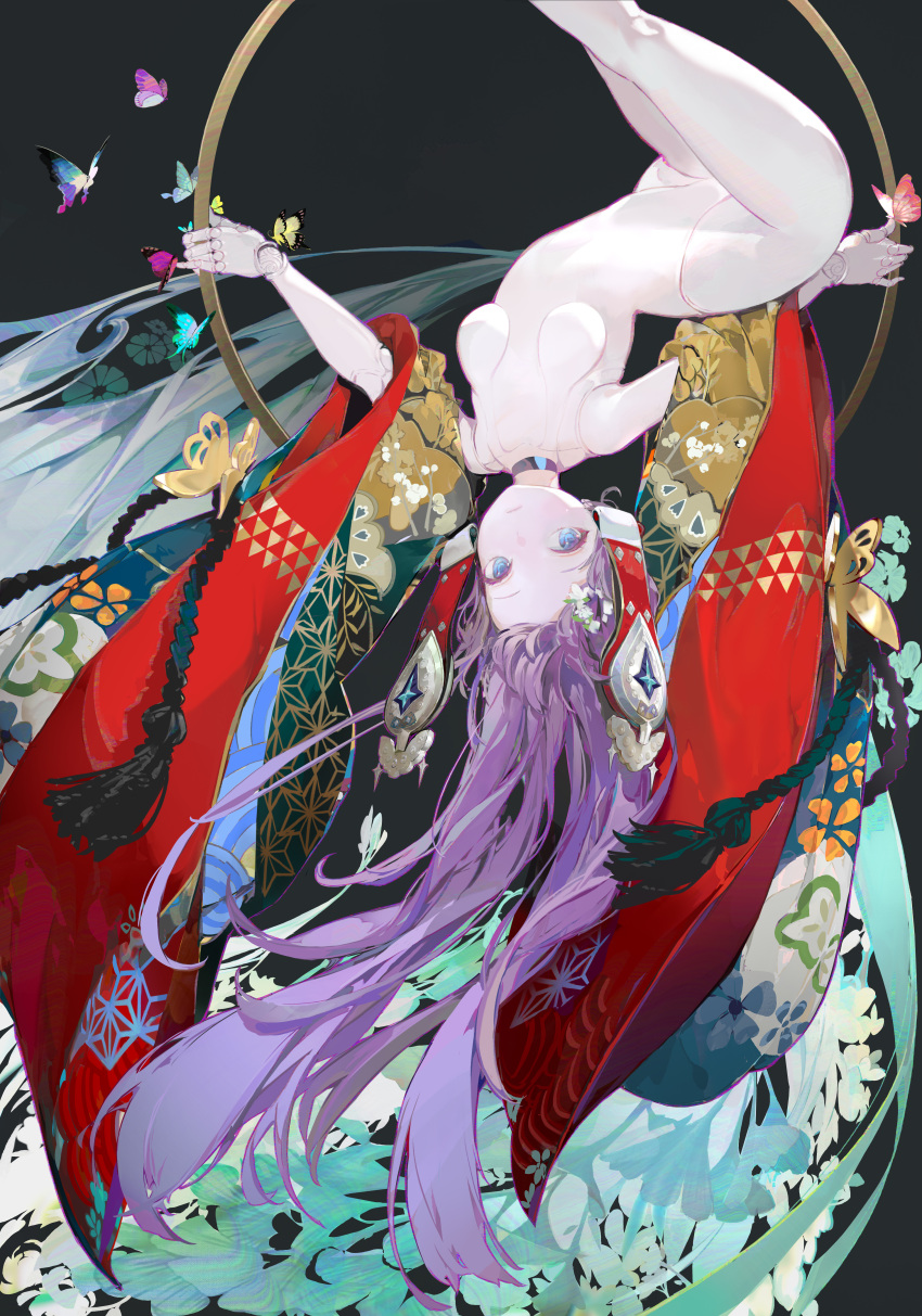 1girl absurdres blue_eyes bug butterfly choker closed_mouth detached_sleeves doll_joints highleg highleg_leotard highres joints leotard long_hair looking_at_viewer onacia original purple_hair solo tassel upside-down very_long_hair white_leotard wide_sleeves