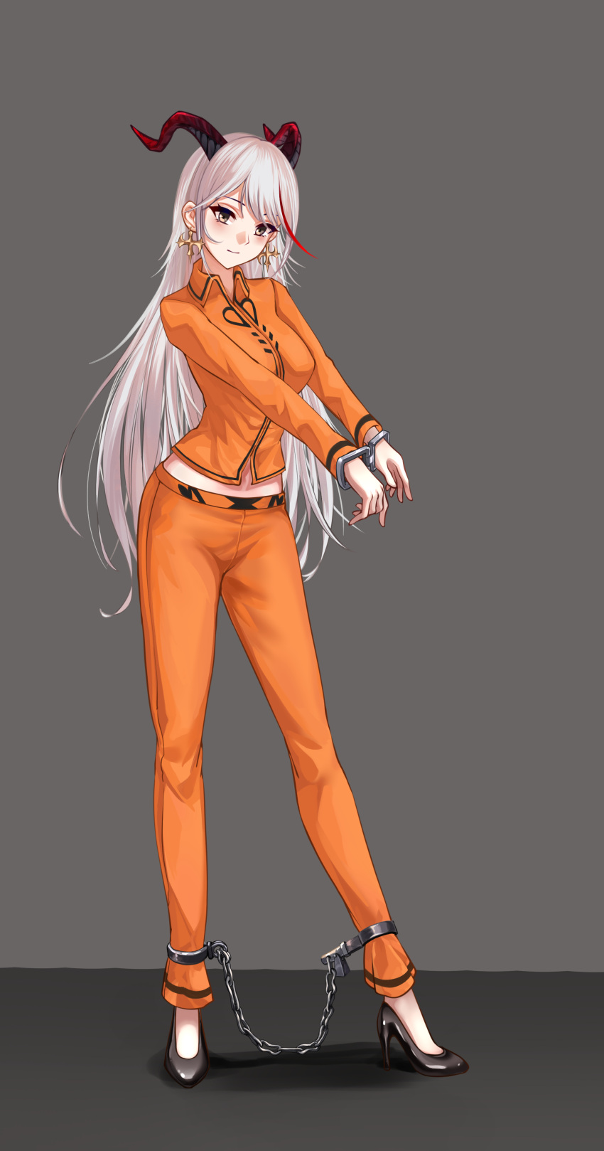 1girl absurdres aegir_(azur_lane) azur_lane black_footwear bound bound_legs cross cross_earrings cuffs demon_horns earrings grey_background handcuffs high_heels highres horns jewelry long_hair looking_at_viewer midriff_peek multicolored_hair orange_pants orange_shirt pants prison_clothes redhead restrained shackles shirt shoes simple_background solo streaked_hair two-tone_hair very_long_hair white_hair yellow_eyes zhadanzhawugui