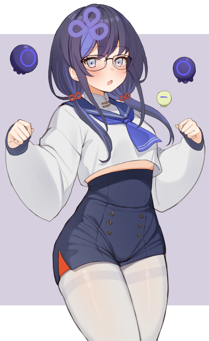 1girl absurdres bangs black_hair blue_hair blue_neckerchief blue_sailor_collar blue_shorts blueberry blush crop_top eyebrows_visible_through_hair fang food fruit glasses grey_eyes hair_over_shoulder high-waist_shorts highres legwear_under_shorts long_hair long_sleeves looking_at_viewer low_twintails multicolored_hair neckerchief nijisanji pantyhose parted_lips ponto_nei sailor_collar school_uniform shirt short_shorts shorts skin_fang sleeves_past_wrists solo spirit streaked_hair taut_clothes taut_shorts thighband_pantyhose thighs twintails tyoko_tanuki16 virtual_youtuber white_legwear white_shirt