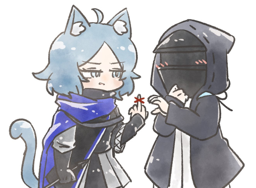 1girl 1other ahoge ambiguous_gender animal_ear_fluff animal_ears arknights bangs black_jacket blue_eyes blue_hair cat_ears cat_girl cat_tail doctor_(arknights) heart_hands_failure hood hood_up hooded_jacket jacket middle_finger monique_(arknights) nunnuje_a_u_e parted_bangs shirt short_hair tail white_background