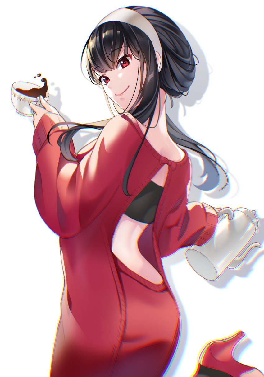1girl absurdres bandeau bangs black_hair coffee commentary_request cup dress eyebrows_visible_through_hair hairband hand_up head_tilt high_heels highres holding holding_cup long_sleeves looking_at_viewer red_dress red_eyes red_footwear rei_(usabiba) short_hair_with_long_locks simple_background smile solo spy_x_family sweater sweater_dress teacup white_background white_hairband yor_briar