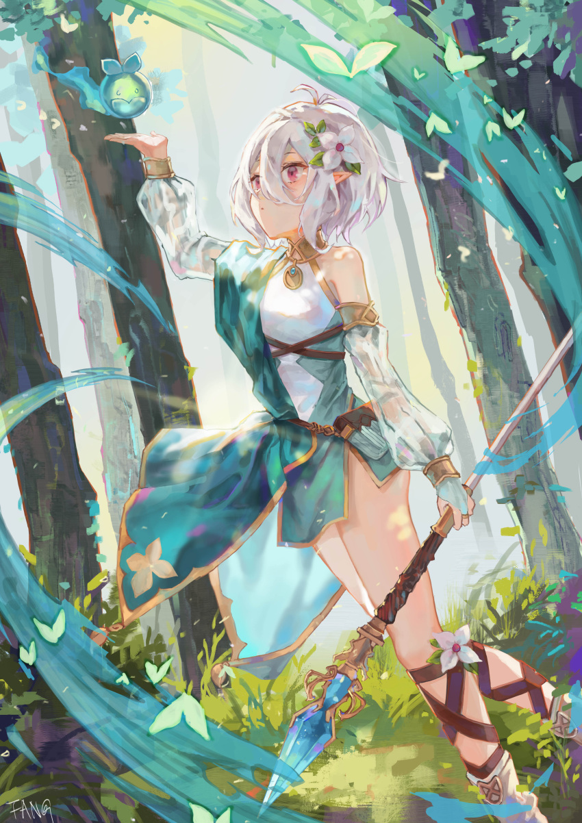 1girl absurdres ankle_lace-up antenna_hair arm_up boots bracelet breasts bridal_gauntlets bug butterfly closed_mouth detached_sleeves dress elf fang_qiao flower forest green_dress hair_between_eyes hair_flower hair_ornament highres holding holding_polearm holding_weapon jewelry kokkoro_(princess_connect!) long_sleeves looking_up nature pink_eyes pointy_ears polearm princess_connect! puffy_long_sleeves puffy_sleeves see-through see-through_sleeves sleeveless sleeveless_dress small_breasts solo standing tree weapon white_flower white_footwear