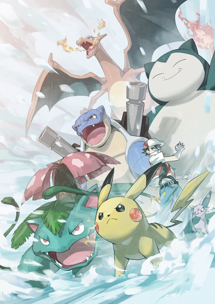 1boy ^_^ absurdres baseball_cap black_eyes blastoise breathing_fire brown_eyes charizard closed_eyes electricity espeon fangs fire hat highres ice nemoto_yuuma open_mouth pikachu pokemon pokemon_(creature) pokemon_adventures red_(pokemon) red_headwear shell shoulder_cannon snorlax snowing v-shaped_eyebrows venusaur white_eyes wings