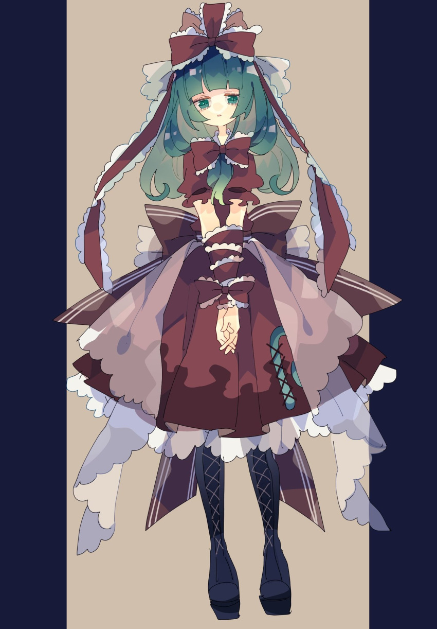 1girl bangs black_footwear blunt_bangs boots bound bound_wrists bow bowtie cross-laced_footwear dress frilled_ribbon frills full_body green_eyes green_hair hair_ribbon highres kagiyama_hina looking_at_viewer medium_hair nikorashi-ka own_hands_clasped own_hands_together petticoat puffy_short_sleeves puffy_sleeves red_bow red_dress red_ribbon ribbon short_sleeves sidelocks solo symbol-only_commentary touhou