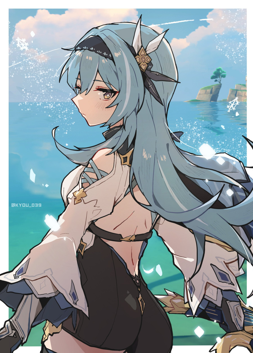 1girl absurdres alternate_hairstyle ass back_cutout backless_leotard blue_hair blue_sky blush clothing_cutout day eula_(genshin_impact) genshin_impact gloves hairband half-closed_eyes highres holding holding_sword holding_weapon kyou_039 leotard long_hair long_sleeves ocean sky sword twitter_username vambraces weapon wide_sleeves yellow_eyes