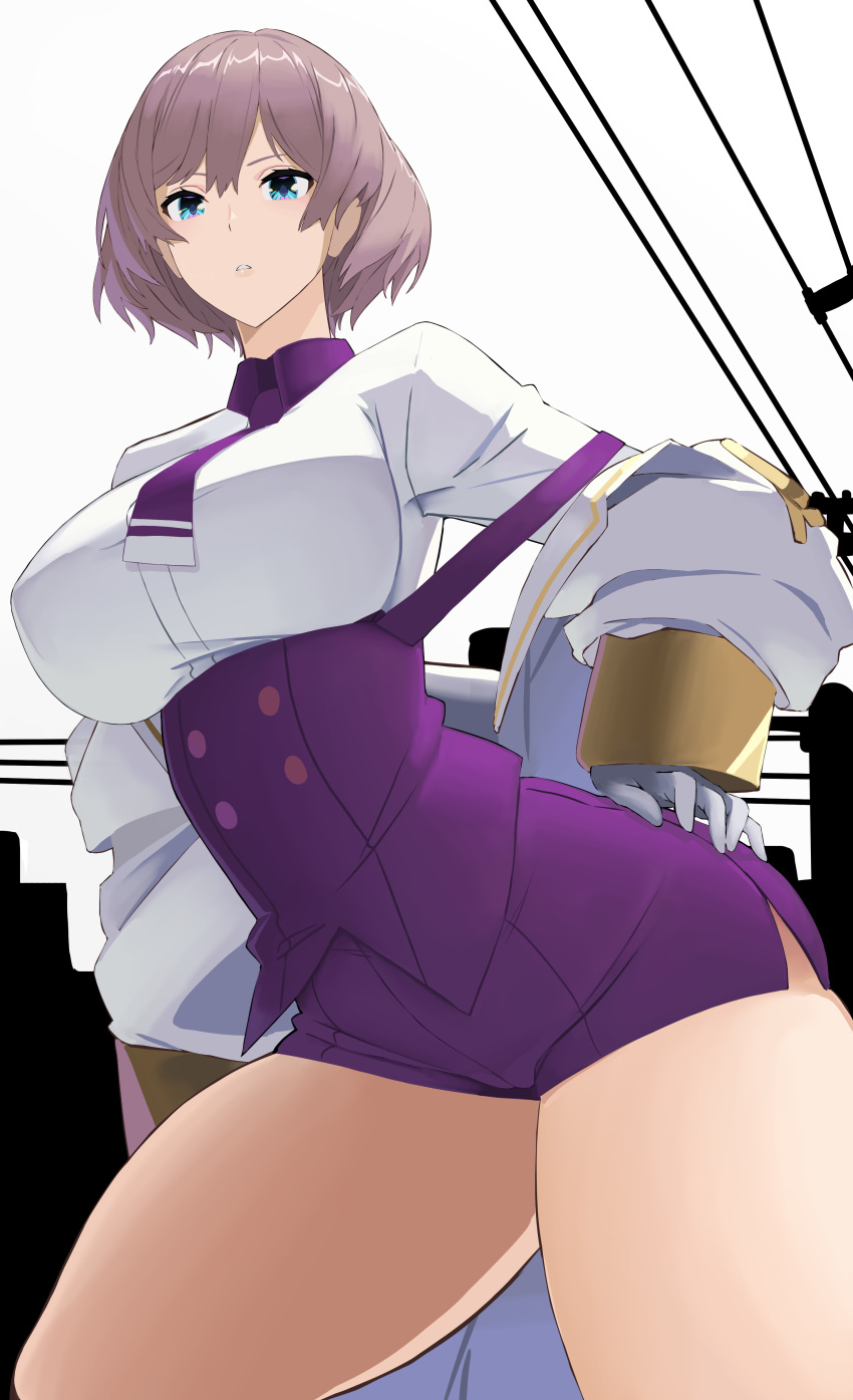 1girl absurdres bangs blue_eyes breasts corset cowboy_shot gloves gridman_universe hair_between_eyes hand_on_hip highres jacket large_breasts looking_at_viewer military_jacket mujina necktie off-shoulder_jacket off_shoulder parted_lips purple_corset purple_hair purple_necktie purple_shorts reibun_(raven1119) shirt short_hair short_necktie shorts solo ssss.dynazenon thick_thighs thighs underbust white_gloves white_jacket white_shirt