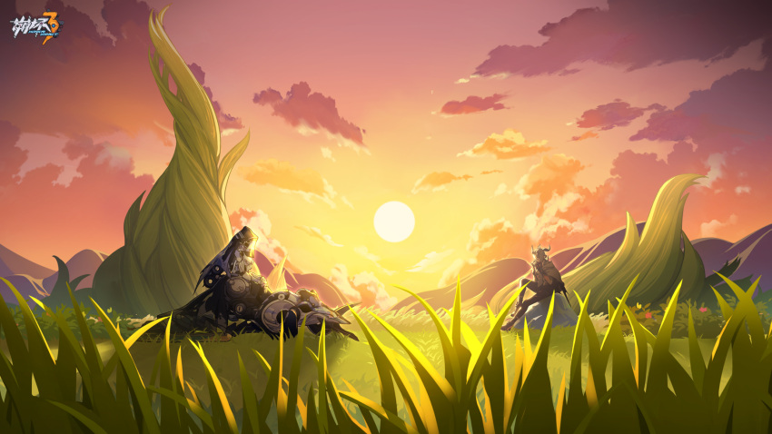 1boy 1other brown_pants clouds cloudy_sky full_body gauntlets grass green_hair grey_jacket harmonica highres holding holding_instrument honkai_(series) honkai_impact_3rd horns instrument jacket kosma official_art official_wallpaper orange_sky outdoors pants rock short_hair sitting sky sunset tree