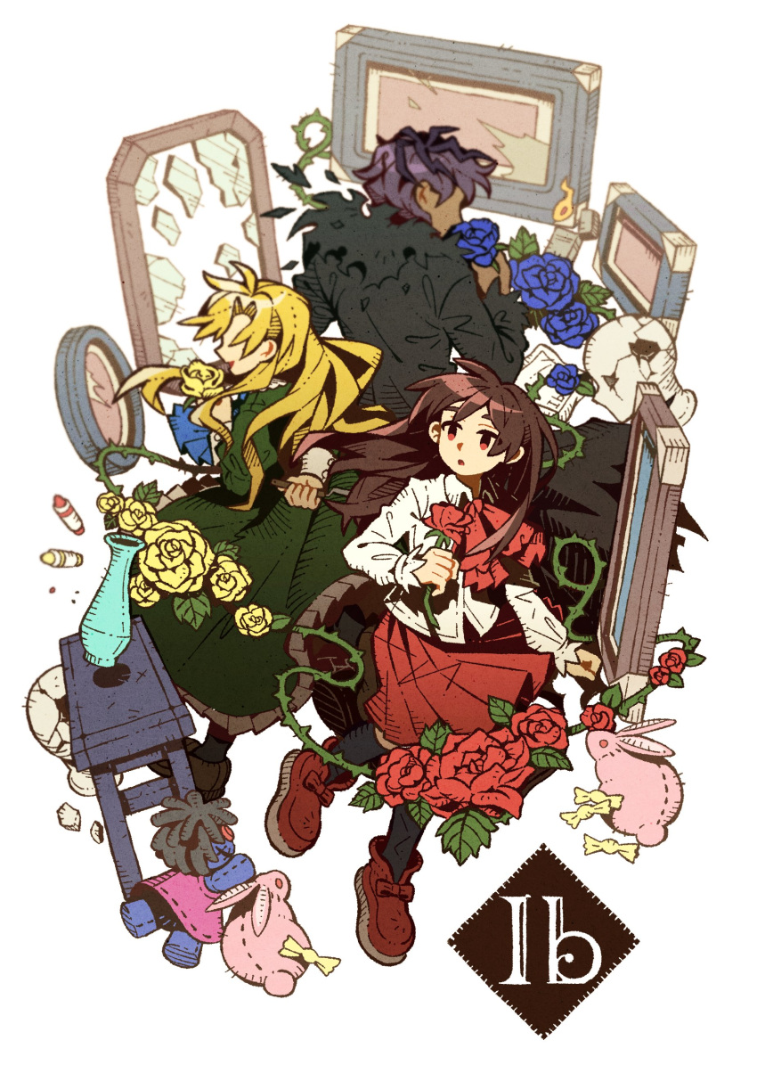 1boy 2girls 9twoeight absurdres blonde_hair blue_eyes blue_flower blue_rose crayon doll doll_(ib) dress flower garry_(ib) green_dress highres ib ib_(ib) knife mannequin mary_(ib) multiple_girls painting_(object) picture_frame red_flower red_rose rose yellow_flower yellow_rose