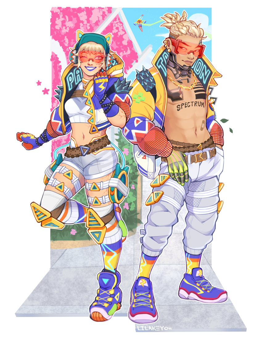 1boy 1girl abs absurdres apex_legends bare_pectorals blue_headwear cat_ear_headphones commission crop_top crypto_(apex_legends) drone english_commentary flower hack_(apex_legends) headphones highres hype_beast_crypto jacket lila_(lilakeylk) looking_to_the_side midriff navel official_alternate_costume one_eye_closed open_clothes open_jacket pants parted_lips pectorals petals pink_flower ponytail purple_footwear purple_lips shirt shoes sky smile sneakers sunglasses thigh-highs thigh_strap thunder_kitty_wattson visor_cap wattson_(apex_legends) white_legwear white_pants white_shirt yellow_jacket