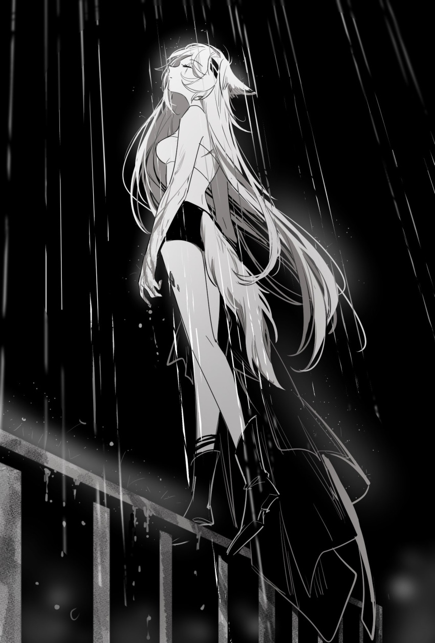 animal_ears arknights bare_legs bare_shoulders boots breasts closed_mouth from_below full_body greyscale hair_ornament hairclip highres kaleka knee_boots lappland_(arknights) long_hair medium_breasts monochrome oripathy_lesion_(arknights) outdoors railing rain scar scar_across_eye scar_on_face short_shorts shorts standing strapless tail tail_through_clothes tube_top very_long_hair wet wolf_ears wolf_girl wolf_tail