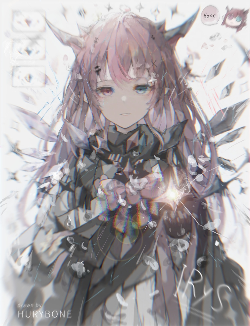 1girl bangs black_scarf blue_eyes blurry detached_wings diamond_(shape) heterochromia highres hololive hololive_english horns hurybone ibispaint_(medium) irys_(hololive) lens_flare looking_at_viewer purple_hair ribbon scarf violet_eyes virtual_youtuber wings