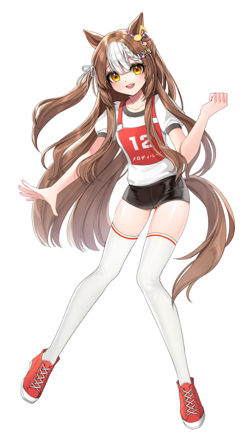 1girl :d absurdres animal_ears ass_visible_through_thighs blush braid brown_hair full_body gym_uniform hair_ornament hairclip highres horse_ears horse_girl horse_tail long_hair looking_at_viewer melody_lane_(racehorse) nilly_(nillyliya) race_bib shorts simple_background smile solo tail teeth thigh-highs umamusume very_long_hair white_background white_hair white_legwear