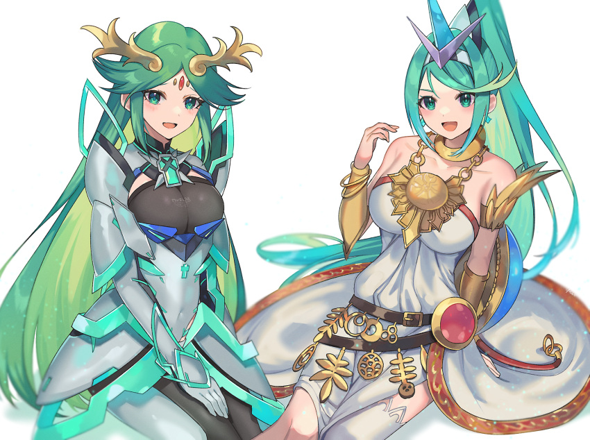 2girls :d alternate_costume armor bare_shoulders blush bodysuit_under_clothes cleavage commissioner_upload costume_switch female_only green_eyes green_hair kid_icarus kid_icarus_uprising large_breasts matching_hair/eyes necklace open_smile outfit_switch palutena palutena_(cosplay) parted_bangs pneuma_(xenoblade) pneuma_(xenoblade)_(cosplay) ponytail single_thighhigh sitting swept_bangs tiara very_long_hair white_dress xenoblade_2 yasaikakiage