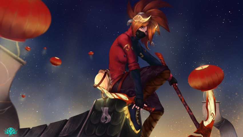 1girl absurdres akali artist_name bangs black_pants fingerless_gloves geus_(just_geus) gloves hair_ornament highres holding holding_weapon jacket league_of_legends long_hair long_sleeves mask mouth_mask night outdoors pants photoshop_(medium) red_jacket redhead rooftop shiny shiny_hair shoes sitting sky solo star_(sky) starry_sky weapon weapon_request