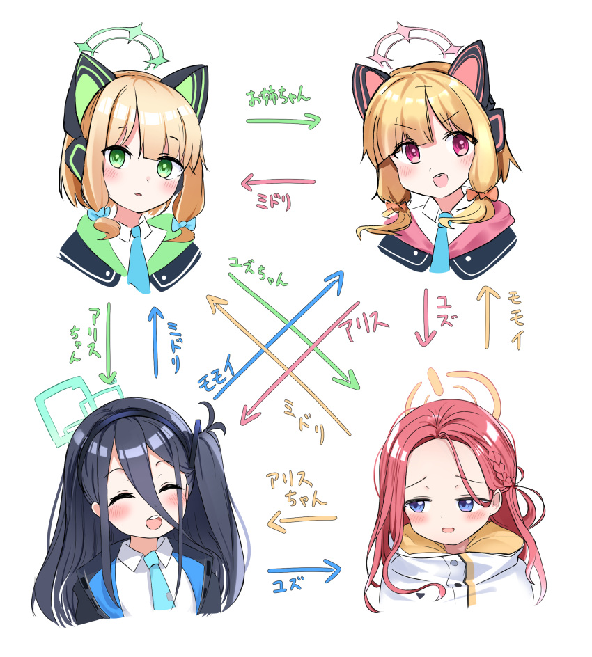 4girls :d ^_^ absurdres animal_ears arisu_(blue_archive) arrow_(symbol) bangs black_hair black_hairband black_jacket blonde_hair blue_archive blue_bow blue_eyes blue_necktie blush bow braid cat_ear_headphones closed_eyes collared_shirt commentary_request cropped_torso eyebrows_visible_through_hair fake_animal_ears forehead green_eyes hair_between_eyes hair_bow hairband halo headphones highres jacket long_hair looking_at_viewer midori_(blue_archive) momoi_(blue_archive) multiple_girls naoya_(naoya_ee) necktie one_side_up open_clothes open_jacket parted_bangs red_bow red_eyes redhead shirt siblings sidelocks simple_background sisters smile translation_request twins upper_body v-shaped_eyebrows white_background white_jacket white_shirt yuzu_(blue_archive)