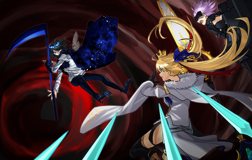 1boy 2girls artoria_caster_(third_ascension)_(fate) black_hair blonde_hair blue_eyes crown fate/grand_order fate_(series) fighting highres house_tag_denim marmyadose_(fate) mash_kyrielight multiple_girls oberon_(third_ascension)_(fate) shirt spoilers white_shirt