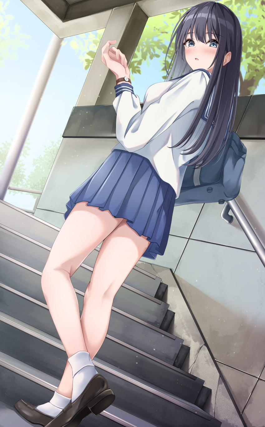 1girl absurdres bag bangs black_hair blue_sailor_collar blue_skirt blush green_eyes highres loafers long_hair long_sleeves looking_at_viewer looking_back original outdoors pleated_skirt sailor_collar school_bag school_uniform serafuku shoes skirt socks solo white_legwear white_serafuku yuro_(7_yuro)