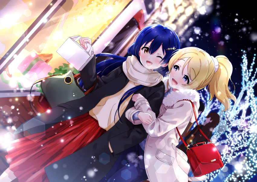 2girls absurdres arm_hug ayase_eli bangs blonde_hair blue_eyes blue_hair breath coat commentary_request fur_trim hair_ornament hand_in_pocket highres holding long_hair love_live! love_live!_school_idol_project multiple_girls nanatsu_no_umi one_eye_closed open_mouth outdoors pastry_box ponytail scarf scrunchie smile snowing sonoda_umi swept_bangs white_scrunchie winter winter_clothes winter_coat yellow_eyes yuri