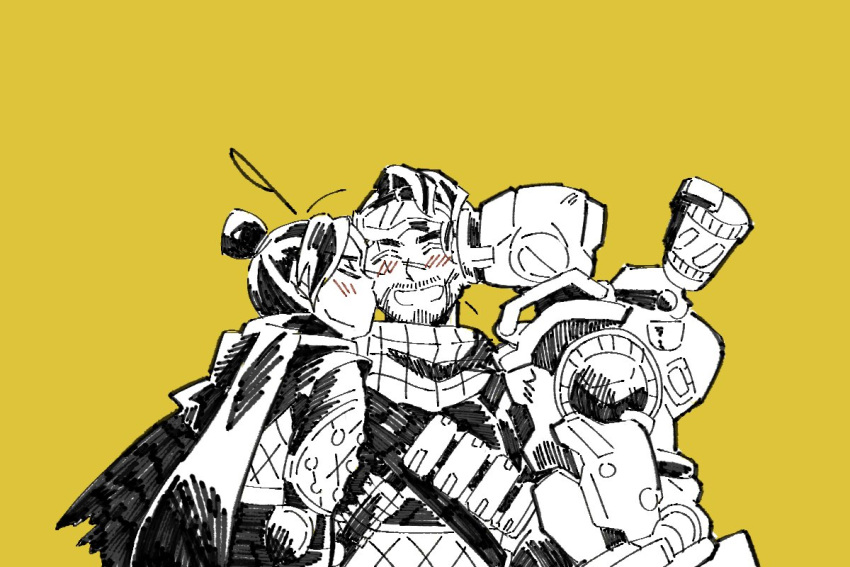 1girl 2boys apex_legends blush bodysuit bug_(silkworm_hnw) closed_eyes facial_hair goatee goggles goggles_on_head greyscale_with_colored_background hair_bun humanoid_robot kiss kissing_cheek mirage_(apex_legends) multiple_boys open_mouth pathfinder_(apex_legends) scarf smile spot_color wraith_(apex_legends) yellow_background