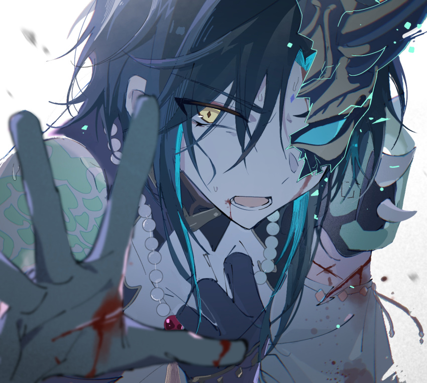 1boy aqua_hair arm_tattoo bangs bead_necklace beads black_hair blood blood_on_face broken_mask clutching_chest cuts facial_mark forehead_mark genshin_impact gloves gradient gradient_background hair_between_eyes half_mask highres injury jewelry looking_at_viewer male_focus mask multicolored_hair necklace open_mouth reaching_out shemika98425261 simple_background solo sweat tattoo upper_body xiao_(genshin_impact) yellow_eyes