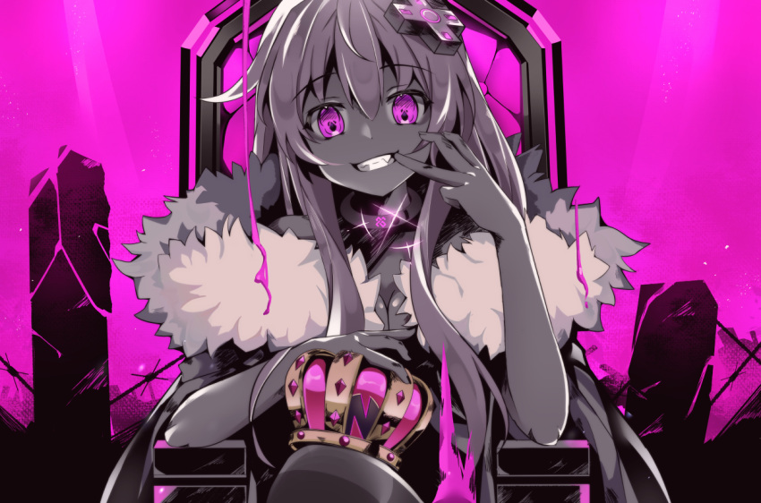 1girl blood conquest_end crazy_eyes crown d-pad d-pad_hair_ornament evil_smile fur_trim giga-tera hair_ornament king_(vocaloid) long_hair nepgear neptune_(series) pink_blood pink_eyes sitting smile solo violet_eyes vocaloid
