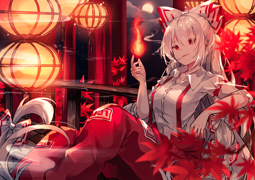 1girl absurdly_long_hair bow cigarette clouds collared_shirt commentary feet_out_of_frame fire flame fujiwara_no_mokou full_moon hair_between_eyes hair_bow highres lantern leaf long_hair looking_at_viewer maple_leaf miyu_(miy_u1308) moon mouth_hold ofuda ofuda_on_clothes pants railing red_eyes red_pants shirt short_sleeves sitting smile smoke smoking solo suspenders touhou very_long_hair white_bow white_hair white_shirt