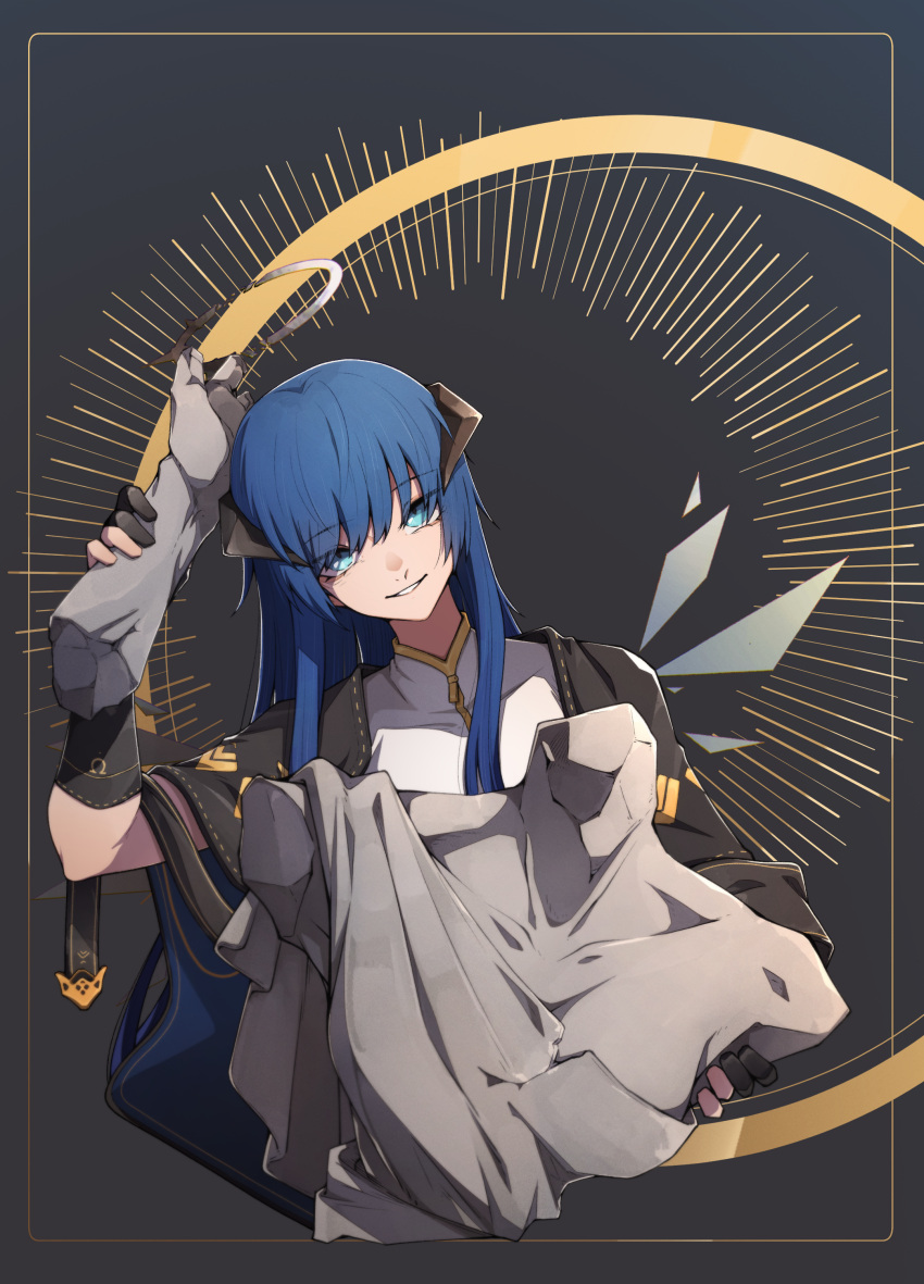 1girl absurdres angel_wings arknights bangs blue_eyes blue_hair capelet collarbone collared_shirt eyebrows_visible_through_hair eyes_visible_through_hair fingerless_gloves framed gloves gold_trim grey_background halo hand_grab head_tilt highres holding horns if_f light_smile long_hair looking_at_viewer mostima_(arknights) mostima_(spellbreaker)_(arknights) omega_symbol shirt solo statue teeth toga upper_body white_shirt wings wrist_cuffs zipper zipper_pull_tab
