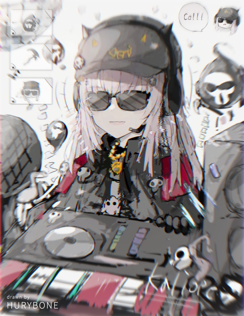 1girl bangs baseball_cap black_jacket blurry chain death-sensei_(mori_calliope) dj gold_chain hat headphones highres hololive hololive_english horns horns_through_headwear hurybone ibispaint_(medium) jacket listening_to_music long_hair microphone mixing_console mori_calliope pink_hair scythe speaker sunglasses turntable very_long_hair virtual_youtuber