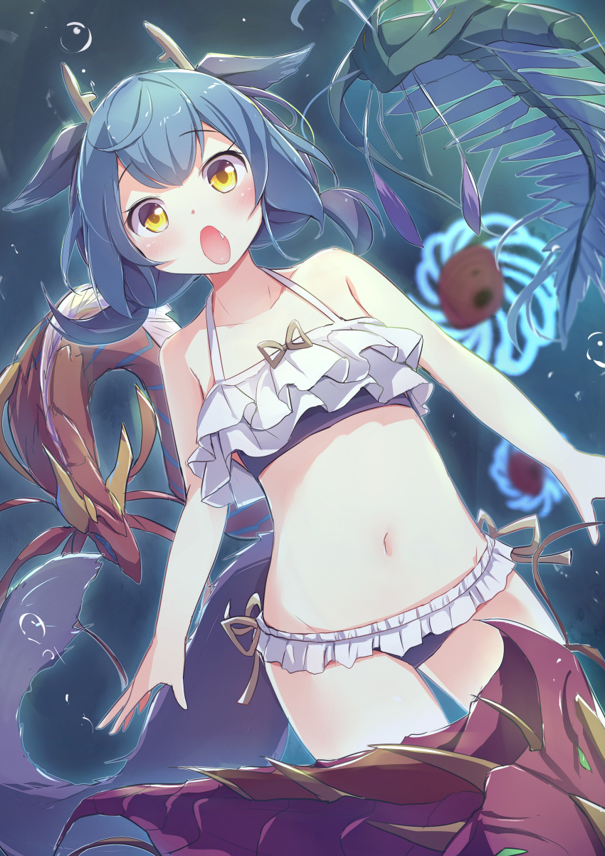 1girl :o absurdres air_bubble bikini blush bubble contrapposto duel_monster fang fish flat_chest frilled_bikini frills hair_ribbon highres horns kanzakietc laundry_dragonmaid long_hair looking_at_viewer navel open_mouth ribbon solo swimsuit underwater yellow_eyes yu-gi-oh!