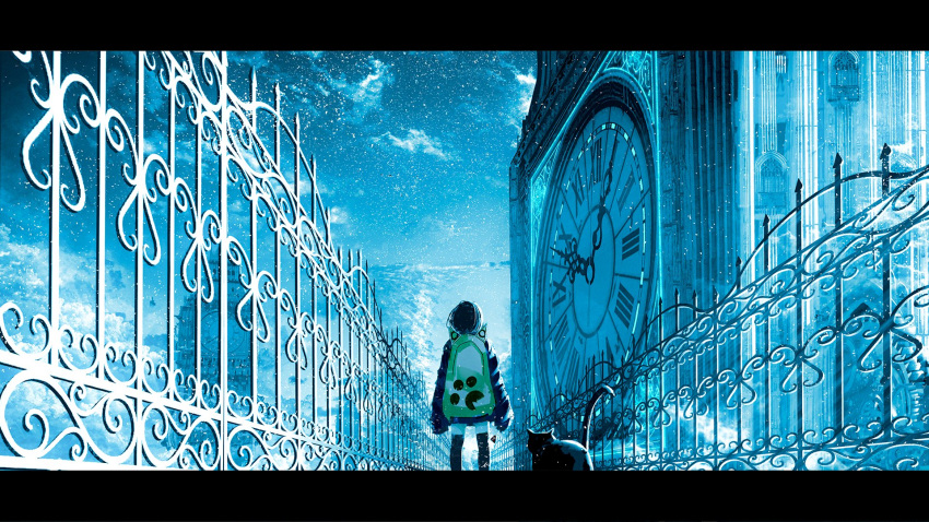 1girl animal_ears architecture arms_at_sides backpack bag black_background black_cat black_hair black_legwear blue_hoodie blue_sky blue_theme cat cat_ears cat_paw chocoshi clock clock_tower clouds elizabeth_tower facing_away fence framed from_behind giant gothic_architecture highres hood hoodie light light_particles long_sleeves neon_trim original scenery shadow short_hair sky sleeves_past_wrists solo standing thigh-highs tower walking zettai_ryouiki