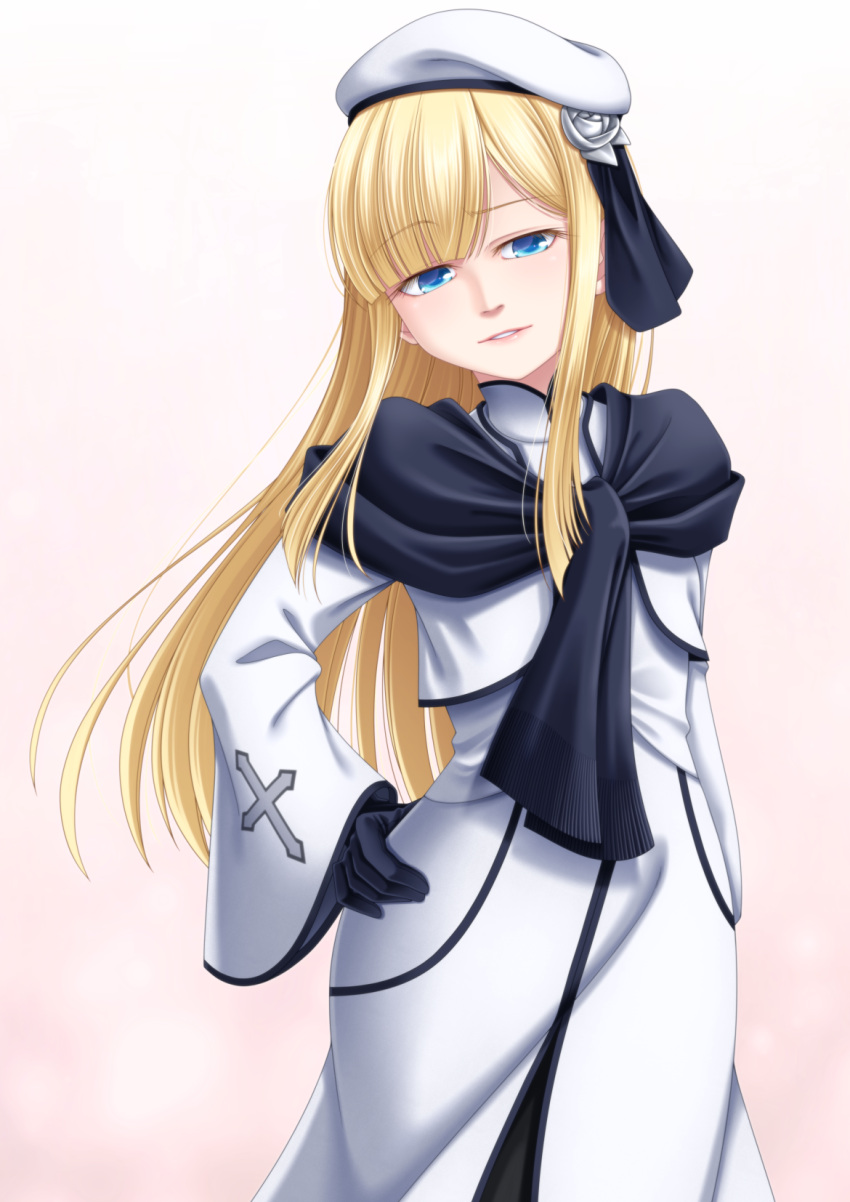 1girl bangs beret black_gloves black_legwear black_scarf blonde_hair blue_eyes blush breasts cropped_jacket dress fate_(series) gloves grey_rose hat highres jacket long_hair long_sleeves looking_at_viewer lord_el-melloi_ii_case_files pantyhose parted_lips reines_el-melloi_archisorte scarf sidelocks small_breasts smile takanashi_tsukasa thighs tilted_headwear white_dress white_headwear white_jacket