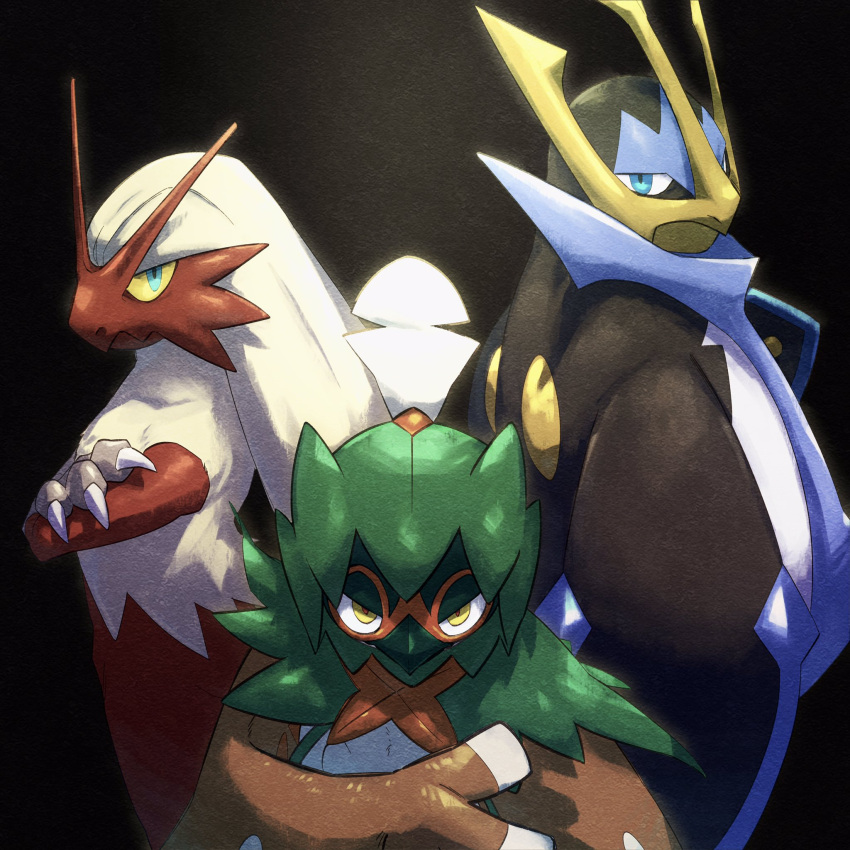 blaziken blue_eyes claws closed_mouth colored_sclera crossed_arms decidueye empoleon frown highres looking_at_viewer no_humans pkpokopoko3 pokemon pokemon_(creature) red_pupils yellow_eyes yellow_sclera