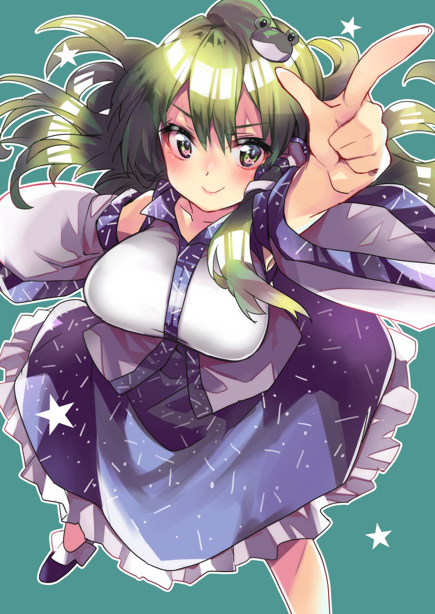 1girl absurdres blue_footwear blue_skirt blush breasts closed_mouth collared_shirt detached_sleeves eyebrows_visible_through_hair frog_hair_ornament from_above green_background green_eyes green_hair hair_between_eyes hair_ornament hair_tubes highres kochiya_sanae large_breasts long_hair long_skirt looking_at_viewer looking_up mikama pointing shirt skirt sleeveless sleeveless_shirt smile snake_hair_ornament socks solo starry_background touhou white_legwear white_shirt