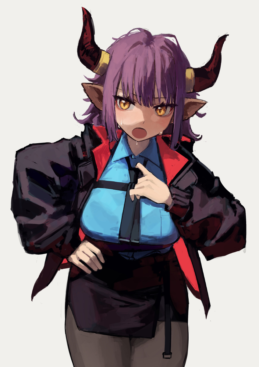 1girl absurdres animal_ears arknights bangs black_jacket black_legwear black_skirt blue_shirt blunt_bangs breasts collared_shirt cow_ears cow_horns cowboy_shot eyebrows_visible_through_hair hand_on_hip highres horns jacket large_breasts leaning_forward long_hair long_sleeves looking_at_viewer open_clothes open_jacket open_mouth pantyhose purple_hair shirt sideroca_(arknights) simple_background skirt solo sweat white_background yellow_eyes yoon_cook