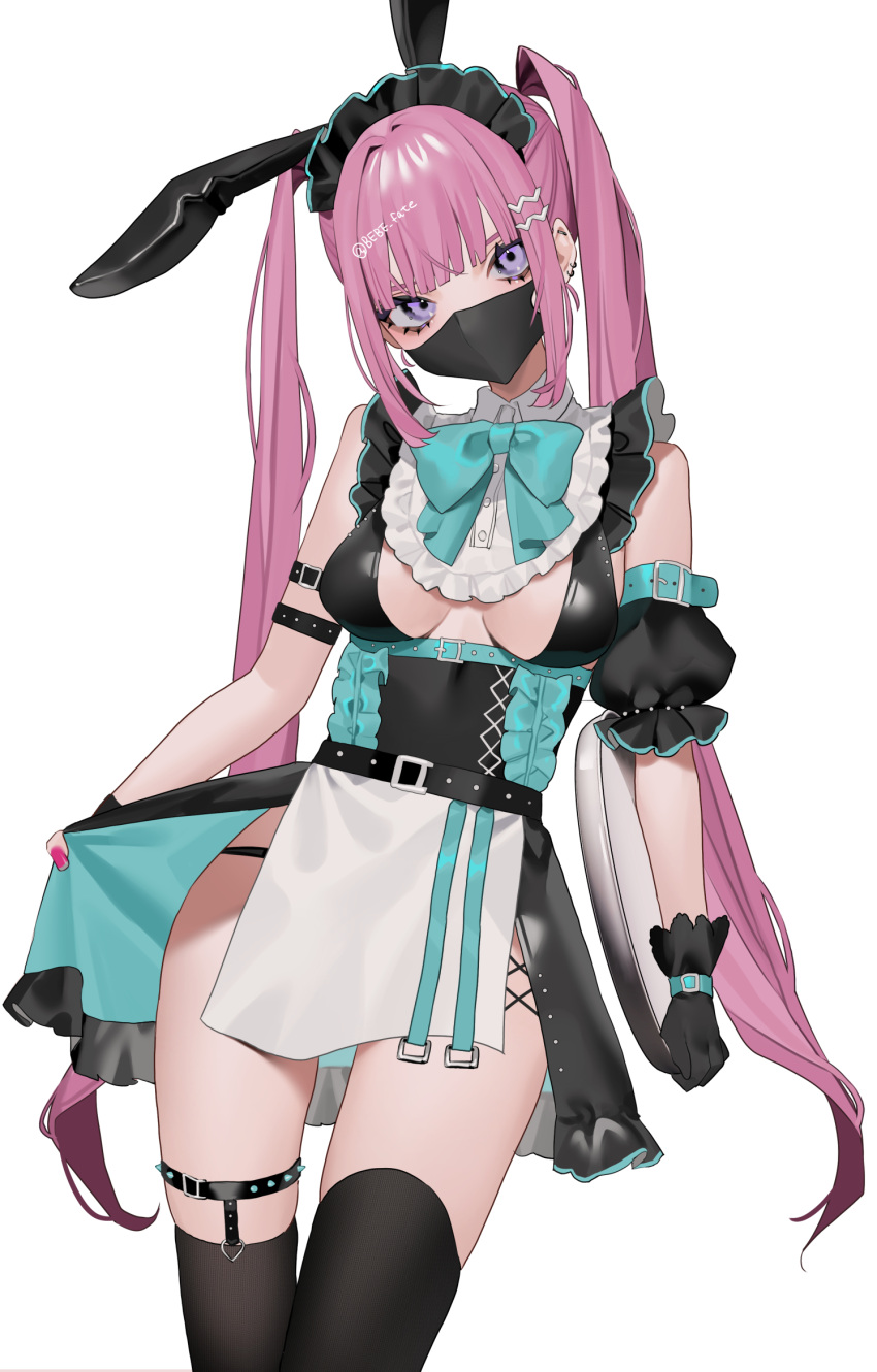 1girl animal_ears arm_strap bangs bare_shoulders bebe_pp black_gloves black_legwear blunt_bangs breasts detached_sleeves earrings frills gloves hair_ornament hairclip highres jewelry looking_at_viewer maid maid_headdress mask mouth_mask neck_ribbon original pink_hair pink_nails rabbit_ears ribbon simple_background solo thigh-highs twintails violet_eyes white_background