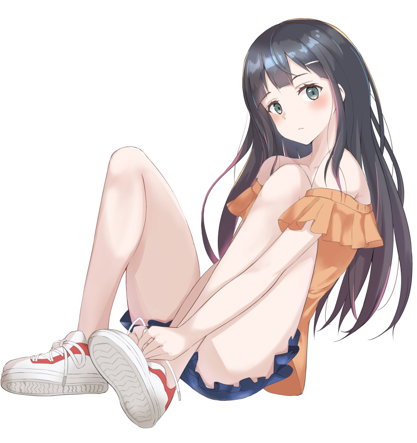 1girl absurdres bangs bare_shoulders black_hair blunt_bangs blush closed_mouth clothing_request commentary_request copyright_request full_body green_eyes hair_ornament hairclip highres long_hair off-shoulder_shirt off_shoulder orange_shirt shiroyu shirt shoes simple_background sitting sneakers solo white_background white_footwear