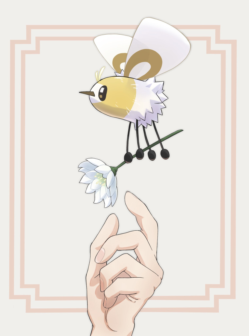 1other commentary_request cutiefly fingernails flower flying framed from_side grey_background hagi_753 highres holding holding_flower outstretched_hand pokemon pokemon_(creature) white_flower