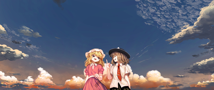2girls arm_up black_headwear blonde_hair brown_hair closed_eyes clouds cloudy_sky eyebrows_visible_through_hair highres looking_at_another maribel_hearn multiple_girls necktie open_mouth pointing pointing_up sky smile suna_(s73d) talking touhou usami_renko white_headwear