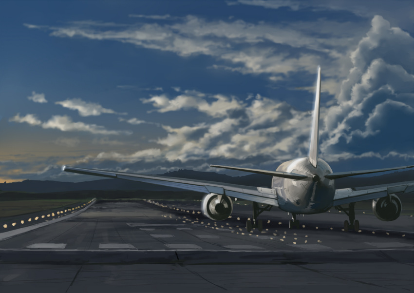 aircraft airplane blue_sky clouds commentary_request highres monono_fumeme mountain no_humans original outdoors runway sky sunrise taking_off