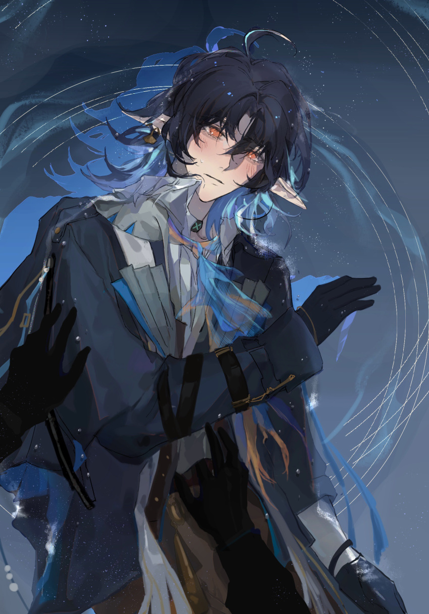 1boy 1other ahoge ambiguous_gender arknights arm_strap ascot black_coat black_gloves black_hair blue_ascot blush closed_mouth coat collar earrings gloves highres infection_monitor_(arknights) jewelry long_sleeves looking_at_viewer lumen_(arknights) lying male_focus on_back open_clothes open_coat orange_eyes piaoliangdananhaier pointy_ears pov shell shell_earrings short_hair single_earring solo_focus water
