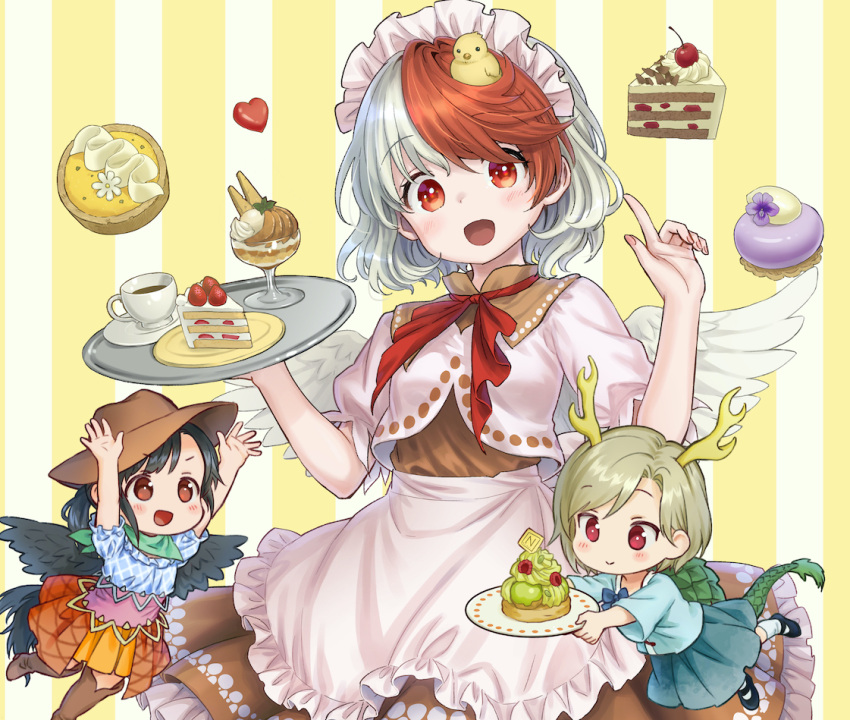 3girls ama-tou animal animal_on_head antlers apron bird bird_on_head bird_wings black_hair blonde_hair blue_shirt blush boots brown_dress brown_footwear brown_headwear brown_skirt cake chick closed_mouth coffee cowboy_hat cup dragon_horns dragon_tail dress eyebrows_visible_through_hair feathered_wings food fruit green_skirt hat headdress holding holding_tray horns kicchou_yachie knee_boots kurokoma_saki multicolored_hair multiple_girls niwatari_kutaka on_head open_mouth red_eyes redhead shirt short_hair short_sleeves skirt smile strawberry tail touhou tray turtle_shell two-tone_hair waist_apron white_apron wings yellow_horns
