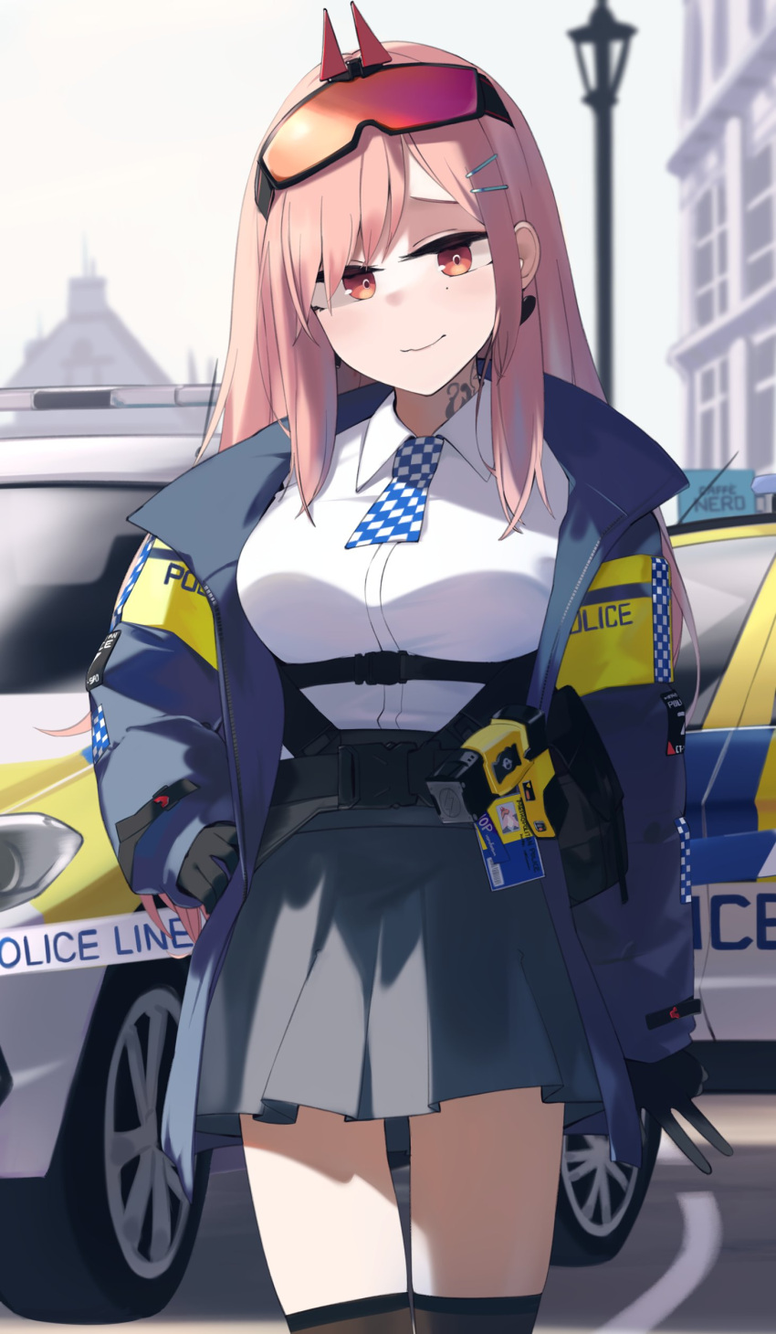 1girl absurdres black_legwear breasts building car checkered_necktie city collared_shirt cowboy_shot earrings eyewear_on_head girls_frontline grey_skirt ground_vehicle hair_ornament hairclip highres hinami047 jacket jewelry lamppost large_breasts long_hair long_sleeves mole mole_under_eye motor_vehicle neck_tattoo necktie orange_goggles pink_hair police police_car police_uniform policewoman red_eyes safety_glasses shirt sig_mcx_(girls'_frontline) skirt spade_(shape) spade_earrings taser tattoo thigh-highs uniform walkie-talkie white_shirt