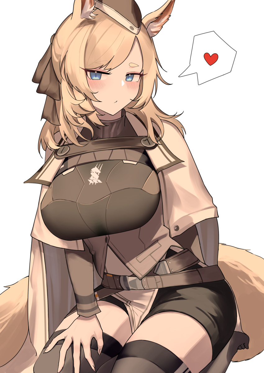 1girl 360_(taiyo360) absurdres animal_ear_fluff animal_ears arknights bangs belt black_legwear black_shorts blue_eyes blush breasts closed_mouth eyebrows_visible_through_hair hand_on_own_thigh heart highres horse_ears horse_girl horse_tail impossible_clothes large_breasts long_sleeves seiza short_shorts shorts simple_background sitting solo speech_bubble spoken_heart swept_bangs tail thick_eyebrows thigh-highs underbust whislash_(arknights) white_background