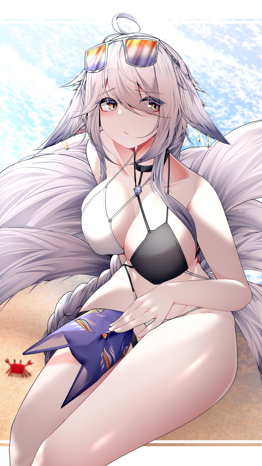 1girl absurdres ahoge animal_ears azur_lane bangs bare_arms bare_shoulders black_choker breasts brown_eyes choker commentary crab eyebrows_visible_through_hair eyewear_on_head feet_out_of_frame fox_ears fox_mask fox_tail grey_hair groin hair_between_eyes highres holding holding_mask large_breasts long_braid long_hair looking_at_viewer mask multiple_tails samip solo stomach sunglasses tail thighs tosa_(azur_lane) two-tone_bikini very_long_hair